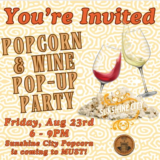 Must Wine Loft in St. Petersburg showing event, pop-up party, wine tasting, popcorn pairing, video by Must Wine Loft DTSP on Facebook
