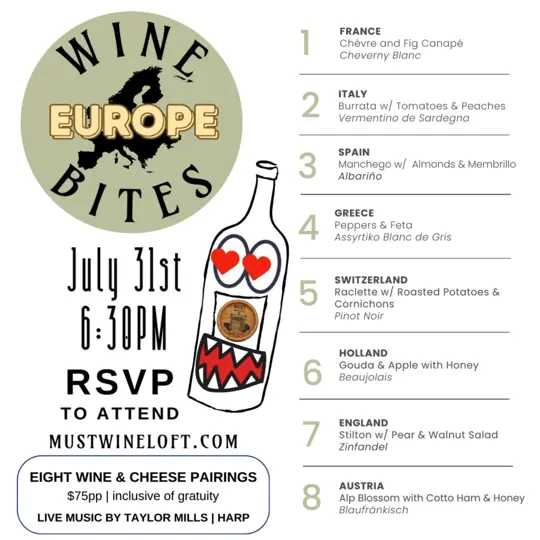 Must Wine Loft in St. Petersburg showing live music, harp performance, wine pairing, cheese bites, video by Must Wine Loft DTSP on Facebook