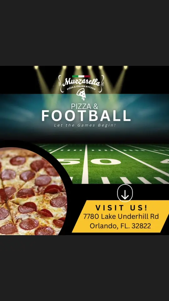 Muzzarella Pizza and Italian Kitchen in Orlando showing football, pizza, beverages, video by Muzzarella Pizza and Italian Kitchen on Facebook