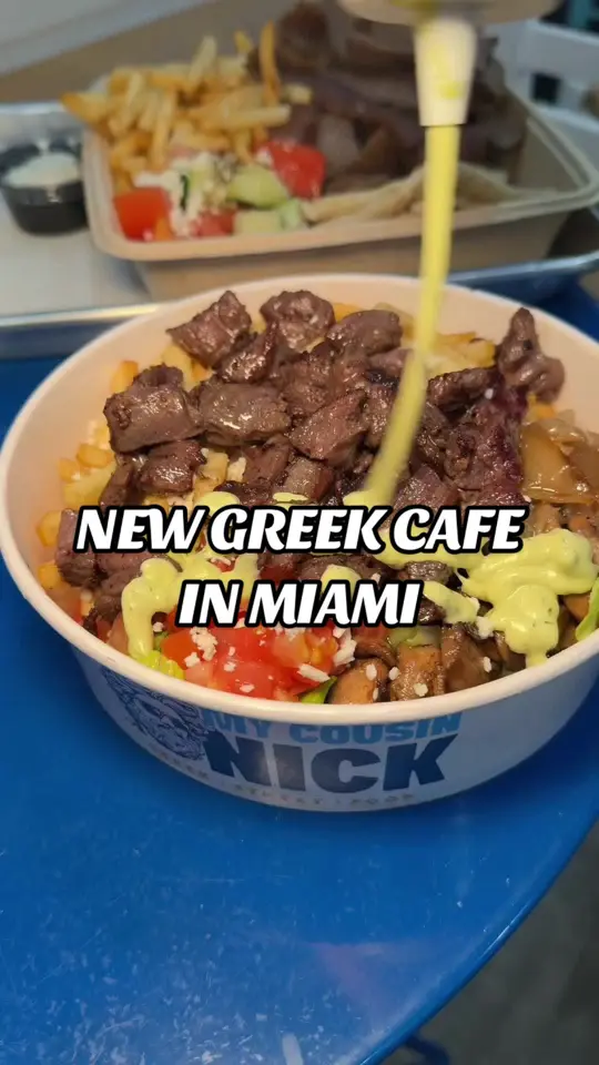 My Cousin Nick in Coral Gables showing review, casual greek cafe, gyros, greek street food, video by maxeatsss on TikTok