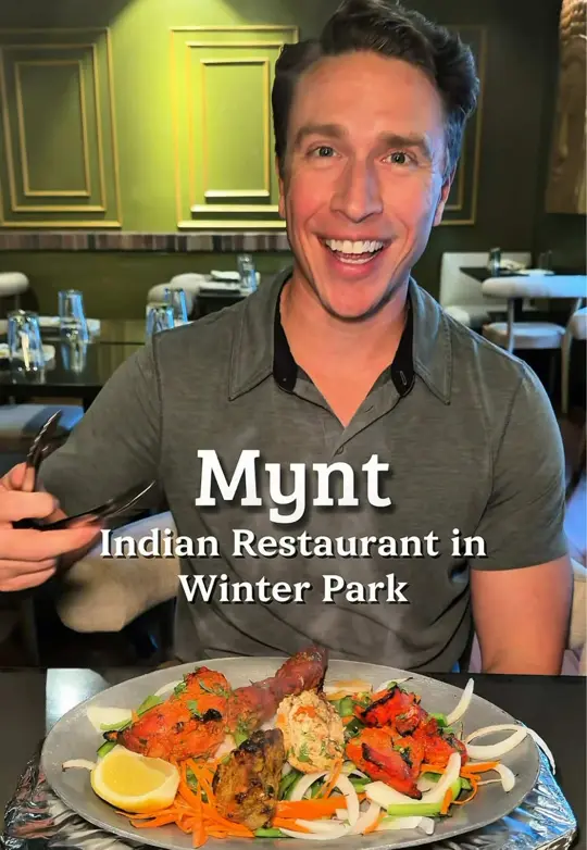 Mynt Fine Indian Cuisine in Winter Park showing review, mango lassi, papad, gobi manchurian, chicken 65, lamb samosa, vegetable samosa, video by datenightorl on TikTok