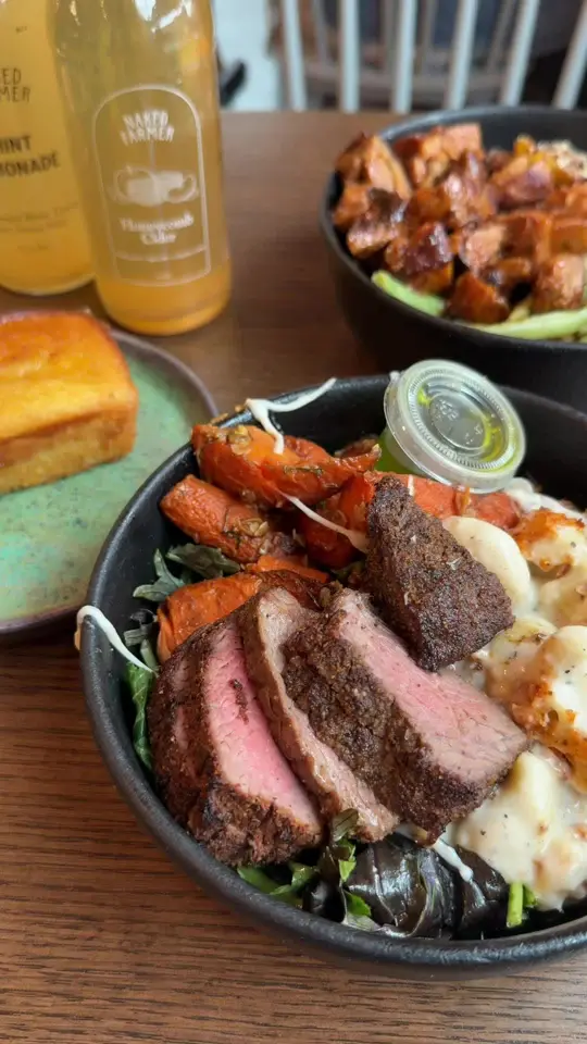 Naked Farmer in Tampa showing review, visit, steak, honey chicken, cornbread, video by caiseymae on TikTok