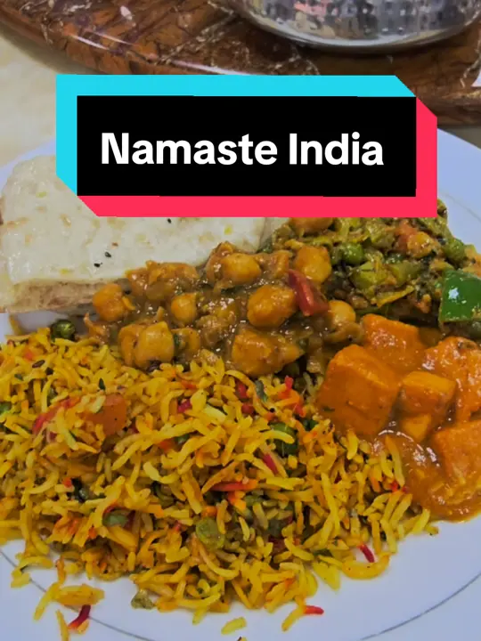 Namaste Indian Restaurant in St. Augustine showing review, naan, biryani rice, video by camillefoodfanatictt on TikTok