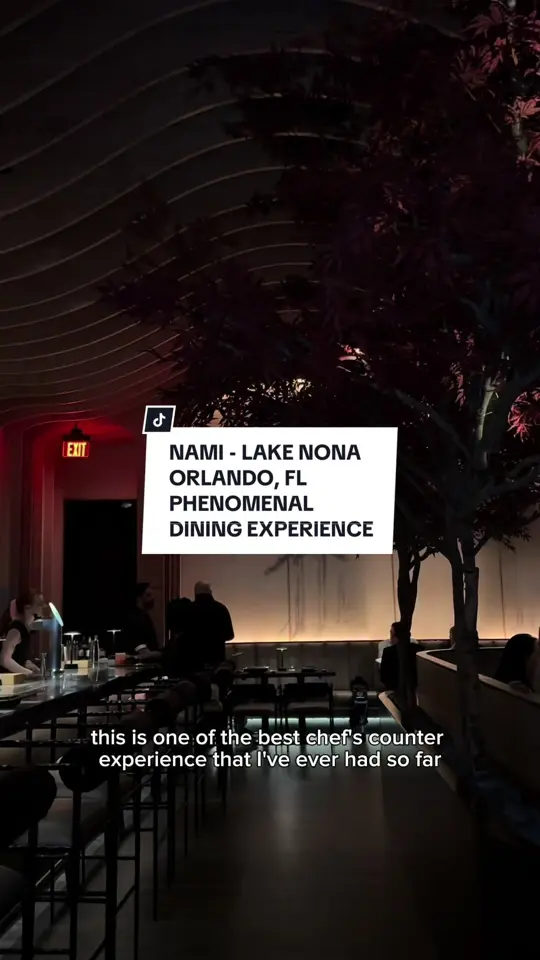 Nami in Orlando showing dining experience, chef's counter, 20-course menu, scallops, lamb, madai, corn dog, halibut, golden rocher, video by innythefoodie on TikTok