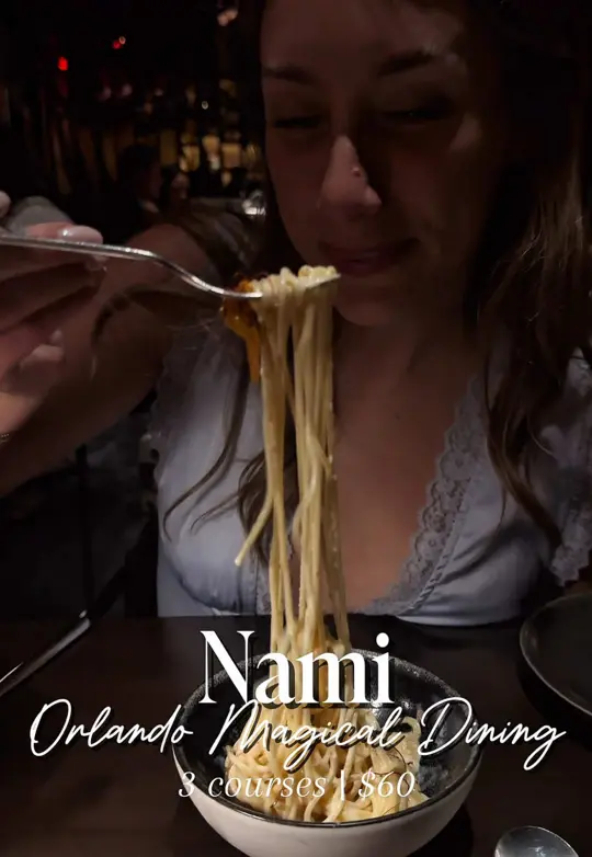 Nami in Orlando showing cocktail, blush cocktail / cocktail, espresso martini / food, tuna crudo / food, mentaiko spaghetti / dessert, hot chocolate fondant, video by datenightorl on TikTok