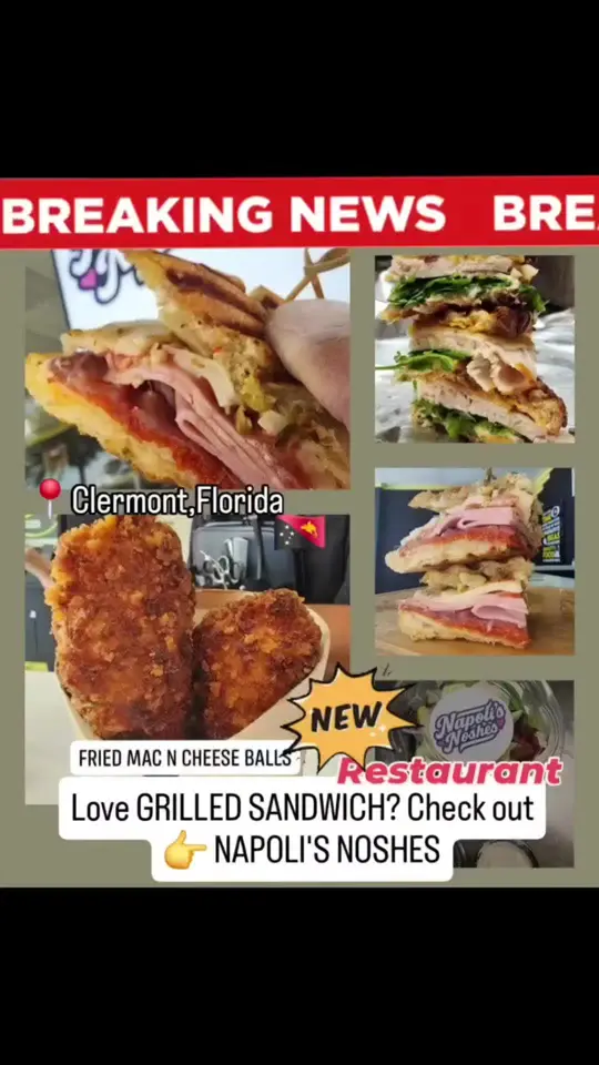 Napoli's Noshes (Pop-up) in Clermont showing grilled sandwich, homemade soups, salads, homemade cookie, brunch, lunch, dinner, video by erika_thesmashqueen on TikTok