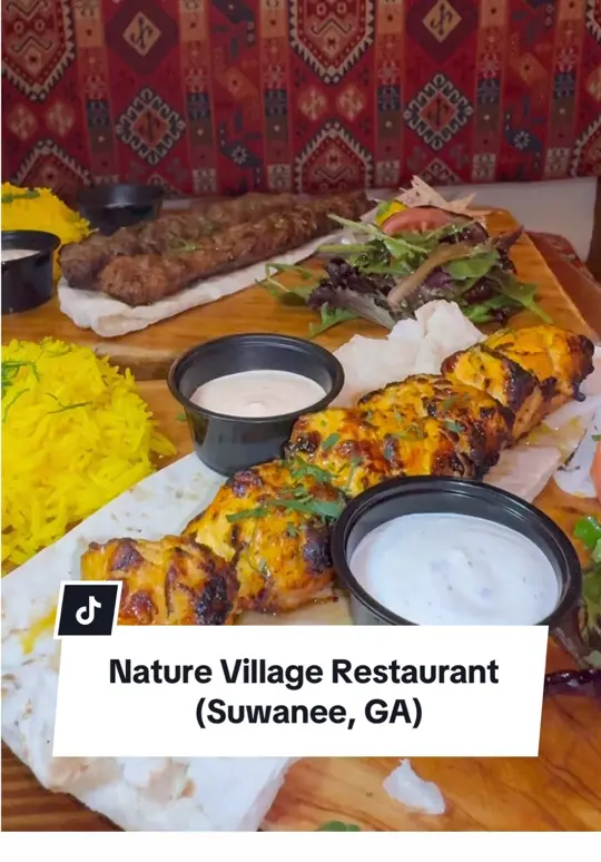 Nature Village Restaurant in Suwanee showing hummus, kabob, baklava, video by turkifoodie on TikTok