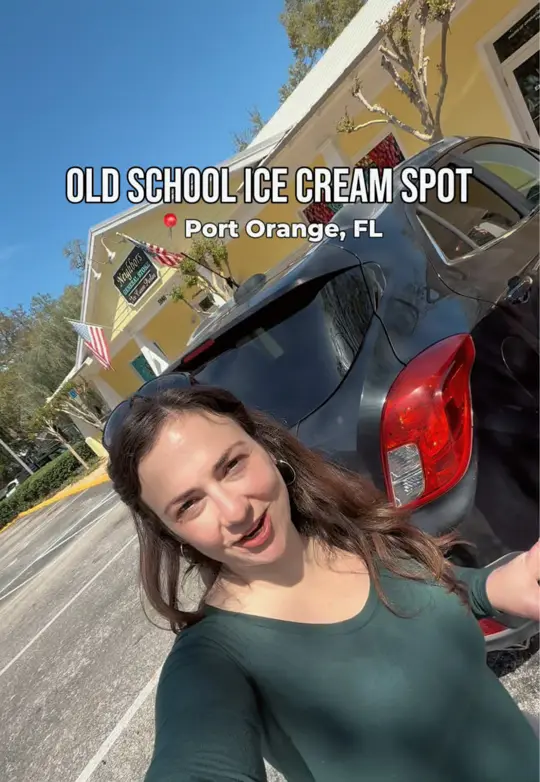 Neighbors Ice Cream Parlor in Port Orange showing visit, homemade ice cream, biscoff cookie butter, coffee drinks, lattes, smoothies, video by momvibesnicole on TikTok
