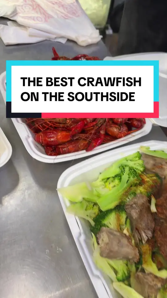 New Orleans Bay Seafood in Jonesboro showing review, crawfish, sides, rice, turkey necks, broccoli, video by eatswithkaii_ on TikTok