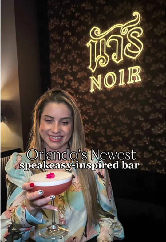 Noir Bar in Orlando showing speakeasy-inspired bar, thai-inspired cocktails, thai-style tapas, intimate lounge atmosphere, soft opening event, video by cheatdayorlando on TikTok