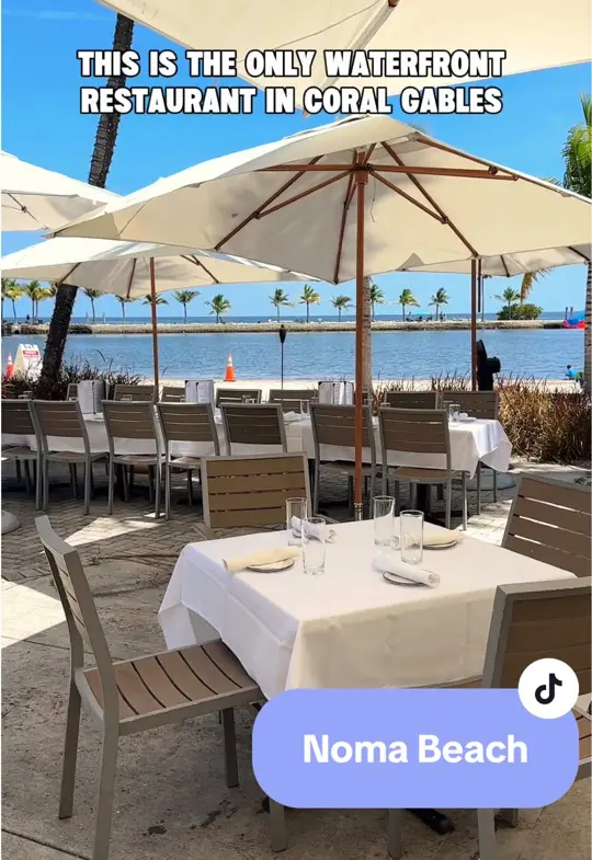 NOMA Beach at Redfish in Coral Gables showing review, visit, atmosphere, stone fruit caprese salad, cucumber gin cocktail, video by reginagmiami on TikTok
