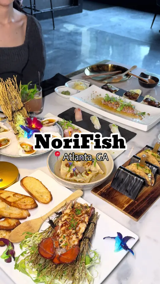 NoriFish Sushi & Izakaya in Atlanta showing omakase, sushi, izakaya dishes, king salmon ceviche, spicy crispy rice, video by atlanta_foodyyyyy on TikTok