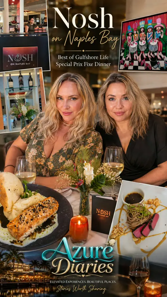 Nosh on Naples Bay in Naples showing waterfront dining, special dinner experience, restaurant visit, video by Azure Diaries Naples on Facebook