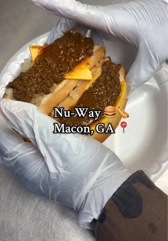 Nu-Way Weiners in Macon showing review, visit, chili cheese dog, burgers, breakfast, video by chass______ on TikTok