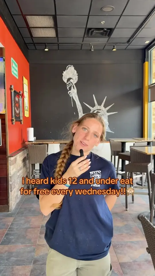 NYPD Pizza Hunters Creek in Orlando showing promotion, kids eat free offer, video by NYPD Pizza Hunters Creek on Facebook