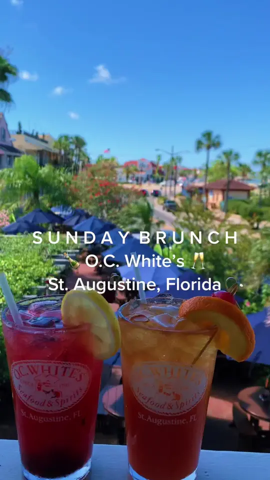 O C White's Seafood & Spirits in St. Augustine showing brunch, mimosas, eggs, video by totallystaugustine on TikTok