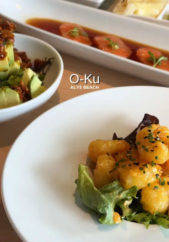 O-Ku in Alys Beach showing sushi, otoro, cucumber salad, video by bethanylearmont on TikTok
