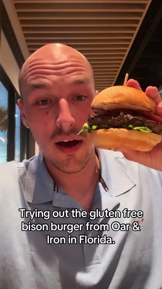 Oar & Iron Naples in Naples showing gluten free bison burger, coconut shrimp, fish and chips, video by glutenbee on TikTok