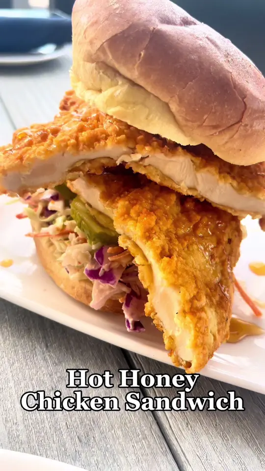 Oar & Iron Naples in Naples showing food, hot honey chicken sandwich, food, pear & brie flatbread, drink, high tide cocktail, video by victoria.pena_ on TikTok