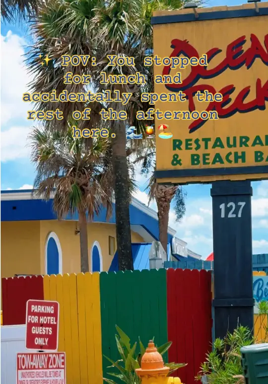 Ocean Deck Restaurant & Beach Bar in Daytona Beach showing restaurant visit, seafood, grilled mahi, cocktails, live music, ocean views, video by themeggirl on TikTok
