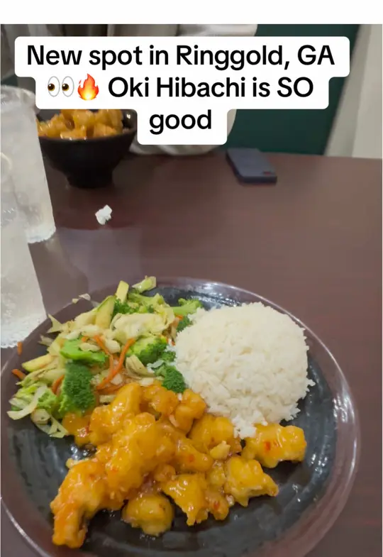 Oki Hibachi Plus in Dalton showing review, orange chicken, video by gummfamtravels on TikTok