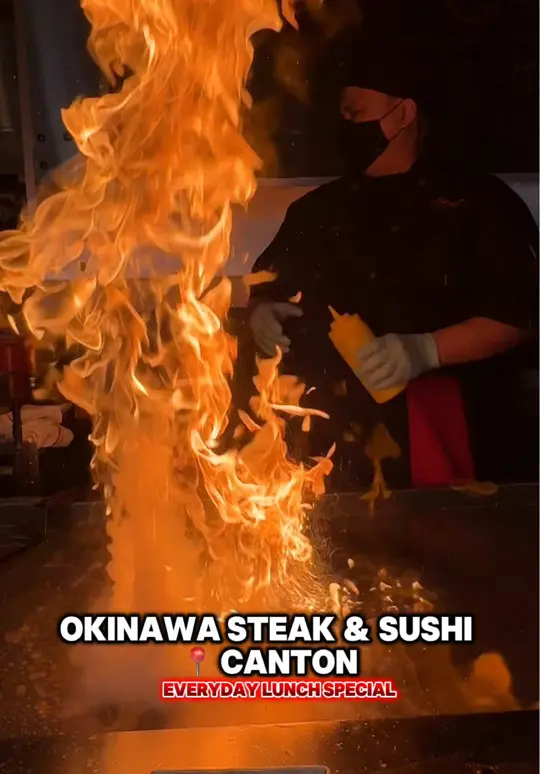 Okinawa Steak & Sushi in Canton showing review, visit, food, california roll, fried bagel roll, steak & shrimp hibachi, chicken & salmon hibachi, drinks, strawberry tsunami, video by twocentsliyah on TikTok