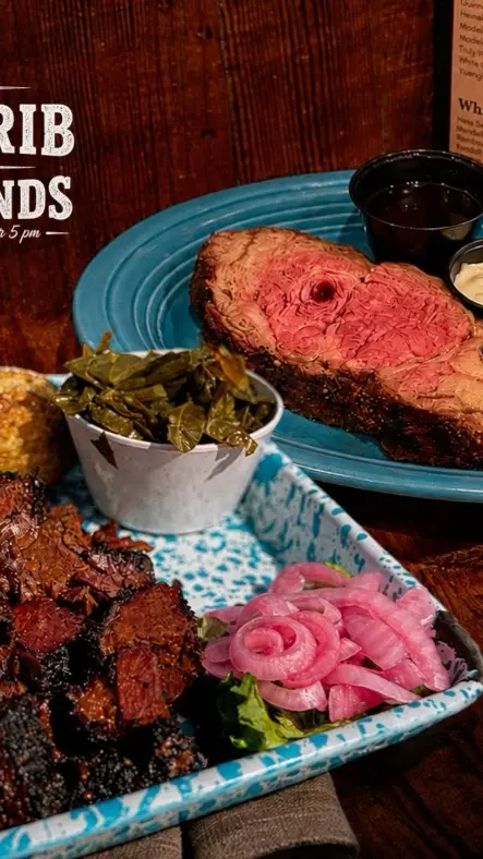 Ol’ Clyde's Table and Tavern in Cleveland showing food, smoked prime rib, food, burnt ends, video by Ol' Clyde's Table and Tavern on Facebook