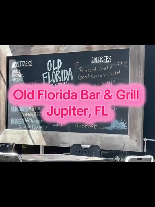 Old Florida Bar & Grill in Jupiter showing review, visit, blackened dolphin sandwich, cracked conch, fried plantains, tuna poke appetizer, margherita flatbread, video by tracioffthemainroute on TikTok