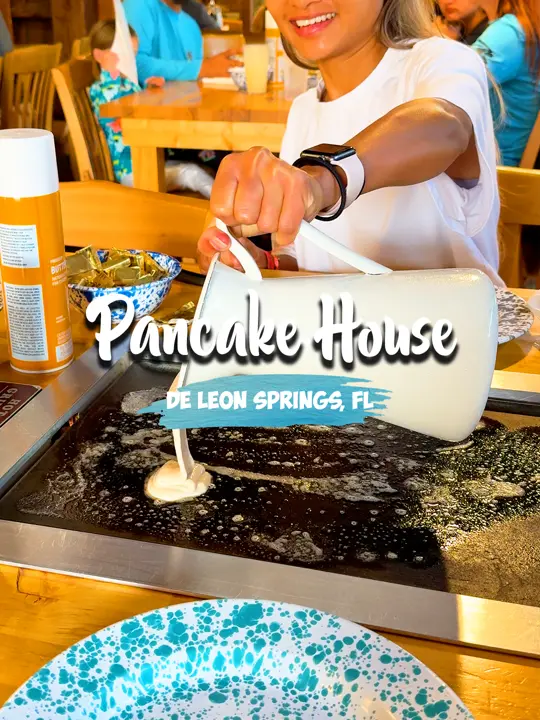 Old Sugar Mill Pancake House in De Leon Springs showing restaurant, all-you-can-eat buttermilk pancakes, breakfast options, toppings, video by codiendrew on TikTok