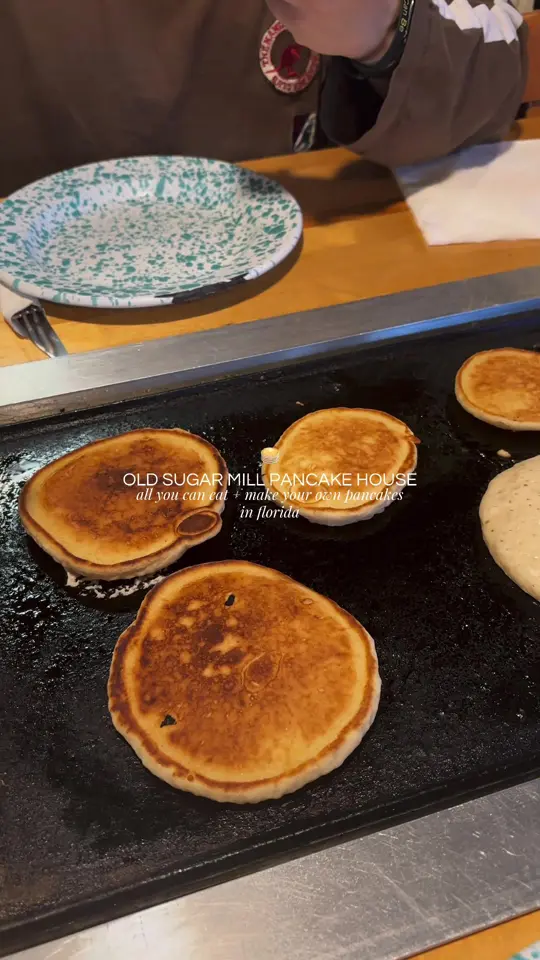 Old Sugar Mill Pancake House in De Leon Springs showing food, all you can eat pancakes, video by ariblogging on TikTok