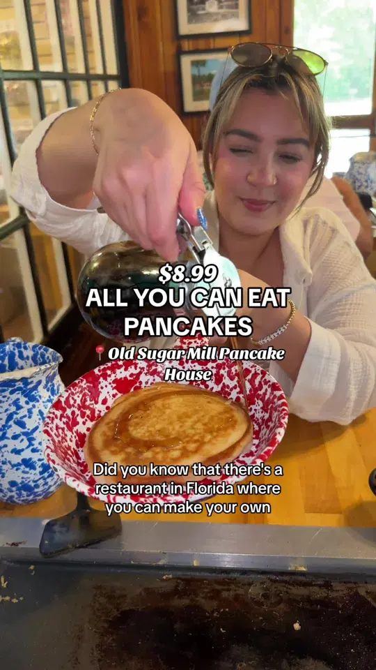 Old Sugar Mill Pancake House in De Leon Springs showing restaurant visit, all you can eat pancakes, video by beercutieandfoodie on TikTok