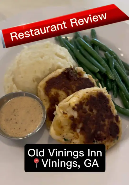 Old Vinings Inn in Atlanta showing review, visit, southern cuisine, biscuits and cornbread, caesar salad, shrimp and grits, jumbo lump crab cakes, live music, video by chicagogirlsouthernworld on TikTok