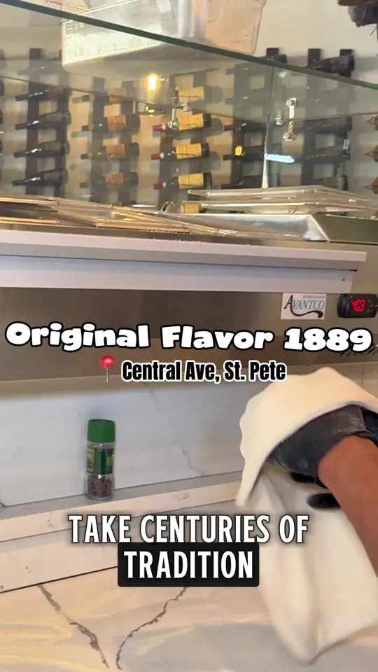 Original Flavor 1889 in St. Petersburg showing pizza, pistachio pizza, melanzane alla parmigiana, original margherita, wine bar, video by eatlocalflorida on TikTok