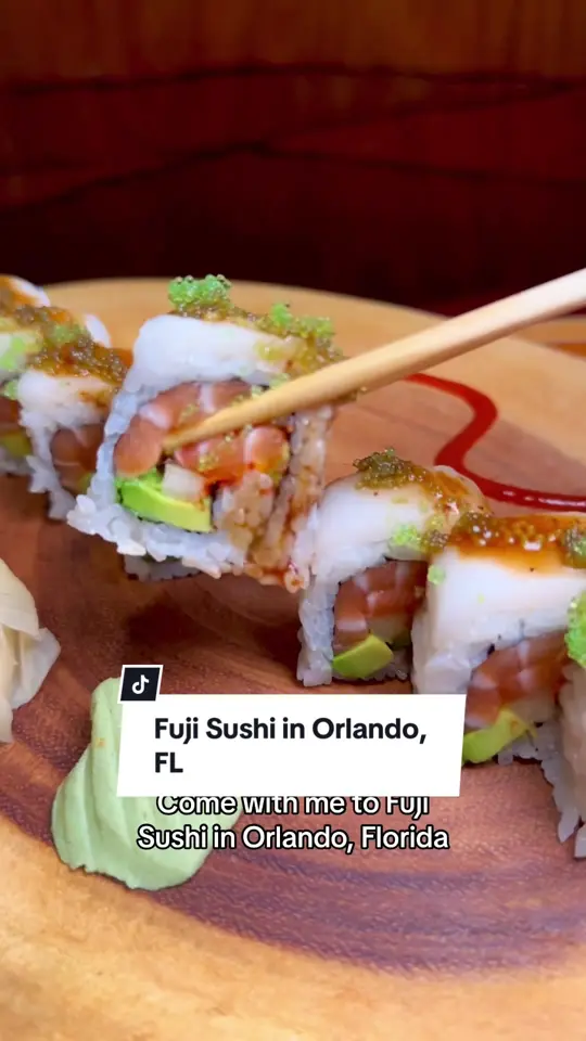 Orlando Fuji Sushi in Orlando showing review, visit, tuna tower, chick-fil-a inspired roll, video by christinainitalia on TikTok