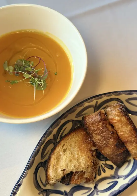 Osteria Mattone in Roswell showing review, visit, food, drink, complimentary homemade foccacia, sicilian spritz, om old fashioned, zuppa di zucca, grilled cheese, arancini alla ', video by madoleapproved on TikTok