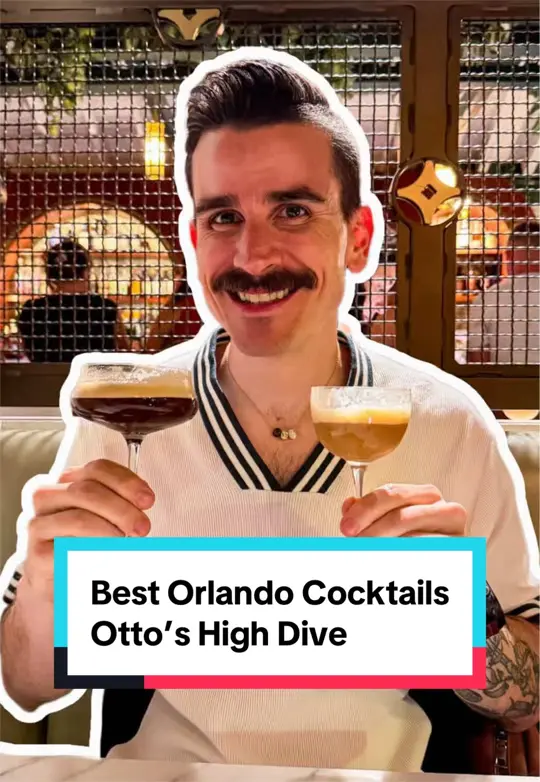 Otto's High Dive in Orlando showing cocktail, flan espresso martini, video by spencerfinds on TikTok
