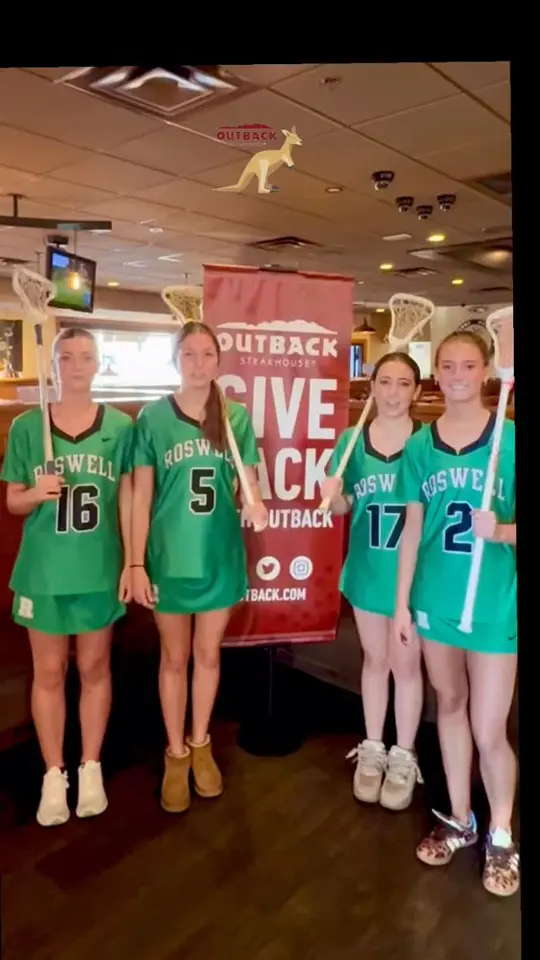 Outback Steakhouse in Roswell showing event, game day sports, sponsorship, restaurant visit, discount offer, video by Roswell High School Girls Lacrosse on Facebook