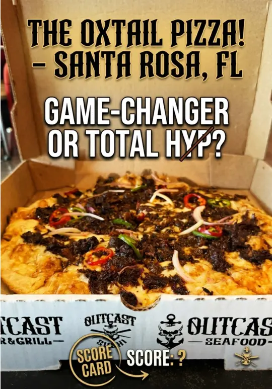 Outcast Pizza in Santa Rosa Beach showing review, oxtail pizza, video by skinnithegreat on TikTok