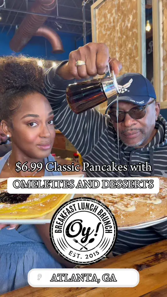 Oy! in Buford showing food, lemon zest pancakes, food, caramel latte, food, churro pancake, video by itsallgatl on TikTok