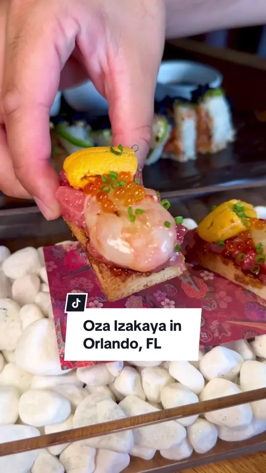 Oza Izakaya in Orlando showing restaurant visit, hamachi hero, grilled octopus, ribcap, miso yaki cod, yuzu hamachi, video by christinainitalia on TikTok
