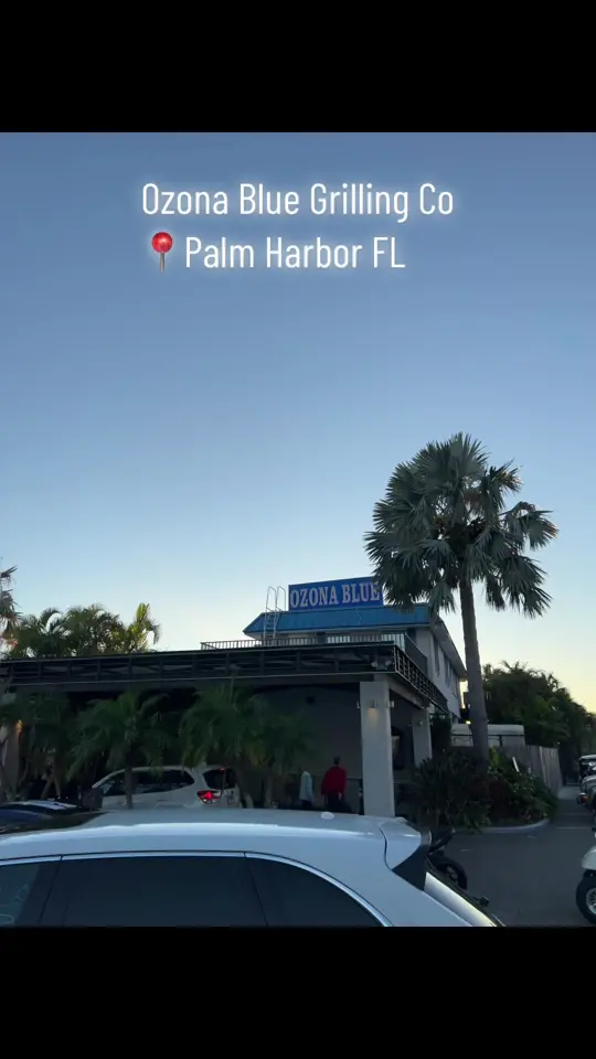 Ozona Blue Grilling Co in Palm Harbor showing seared ahi tuna, blackened mahi tacos, cedar plank salmon, video by brewdub73 on TikTok