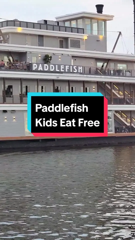Paddlefish Restaurant in Lake Buena Vista showing visit, kids eat free program, video by orlandofamilyfun on TikTok