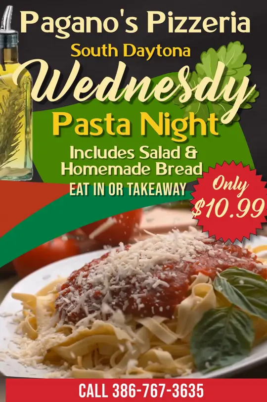 Pagano's Pizzeria in South Daytona showing pasta, bread and salad, video by Pagano's Pizzeria on Facebook