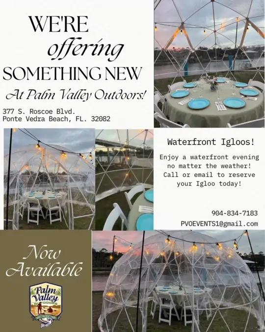 Palm Valley Fish Camp in Ponte Vedra Beach showing drinks, waterfront igloo, video by Palm Valley Outdoors Bar & Grill on Facebook