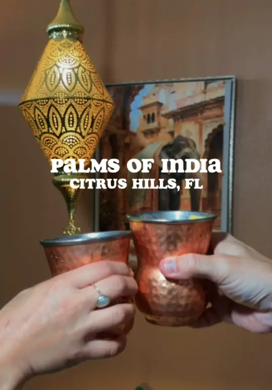 Palms of India in Citrus Hills showing review, mango lassi, rose lassi, gobi pakoras, paneer pakoras, garlic naan, tandoori chicken, video by kch.travels on TikTok