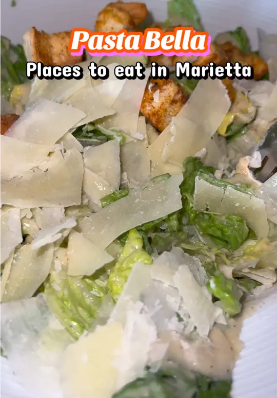 Pasta Bella in Marietta showing food, pizza, salad, video by ashleystastee on TikTok