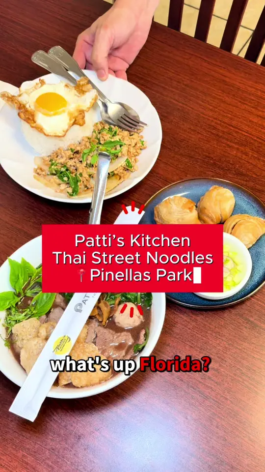 Patti's Kitchen Thai Street Noodles in Pinellas Park showing food, thai curry puff, ka-prow with fried egg, video by eatlocalflorida on TikTok