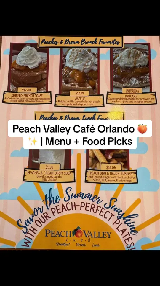 Peach Valley Cafe in Orlando showing review, visit, breakfast, brunch, french toast, teriyaki chicken wrap, video by orangeblossomlife on TikTok