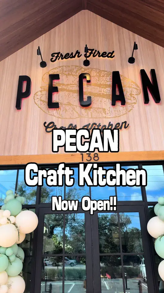 Pecan Craft Kitchen in Fruit Cove showing restaurant visit, fresh food, pecan-fired asado grill, tap wall, beer, wine, kombucha, espresso martinis, video by miholovestoeat on TikTok