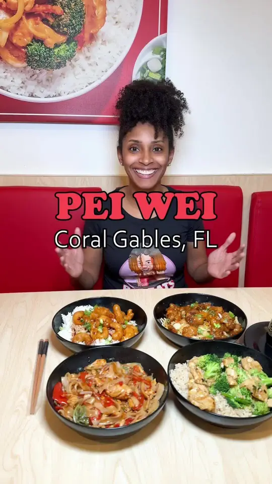 Pei Wei Asian Kitchen in Miami showing food, hot honey chicken w/noodles, spicy drunken noodles, chicken & broccoli, firecracker shrimp, video by brieatsmiami on TikTok